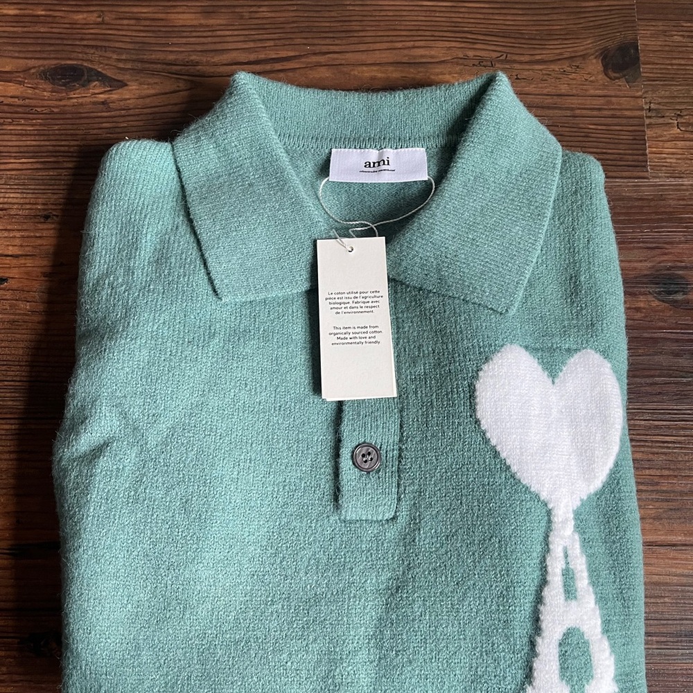Ami Teal Knit Polo with White Heart